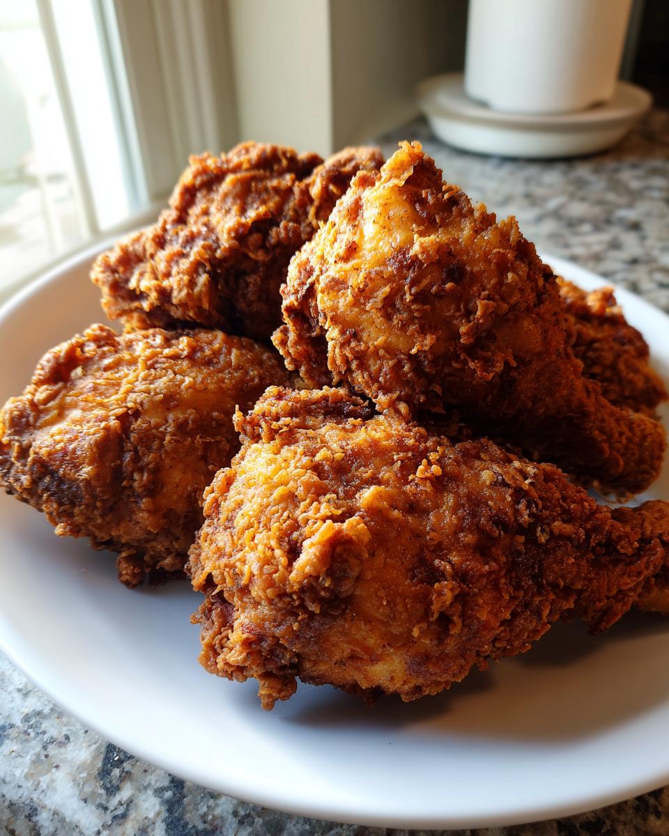 A close-up of several pieces of golden brown, crispy air fryer fried chicken piled on a white plate.