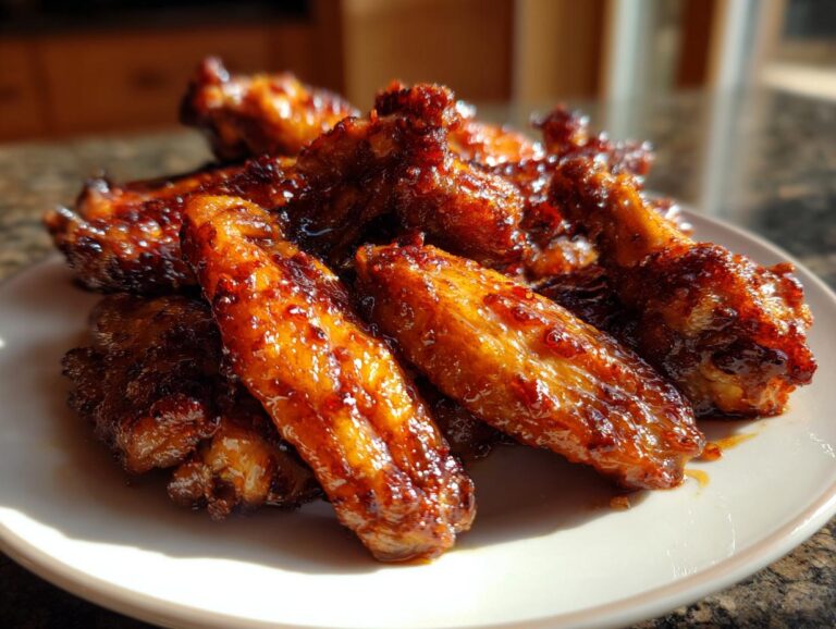 A close-up of several glossy, glazed, crispy baked chicken wing pieces piled on a white plate.