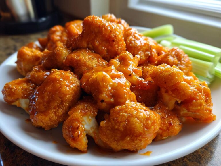 A plate piled high with crispy, saucy buffalo cauliflower bites served alongside fresh celery sticks.