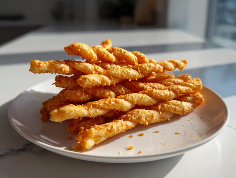 A stack of golden, twisted, crispy cheese straws piled high on a white plate, ready to eat.