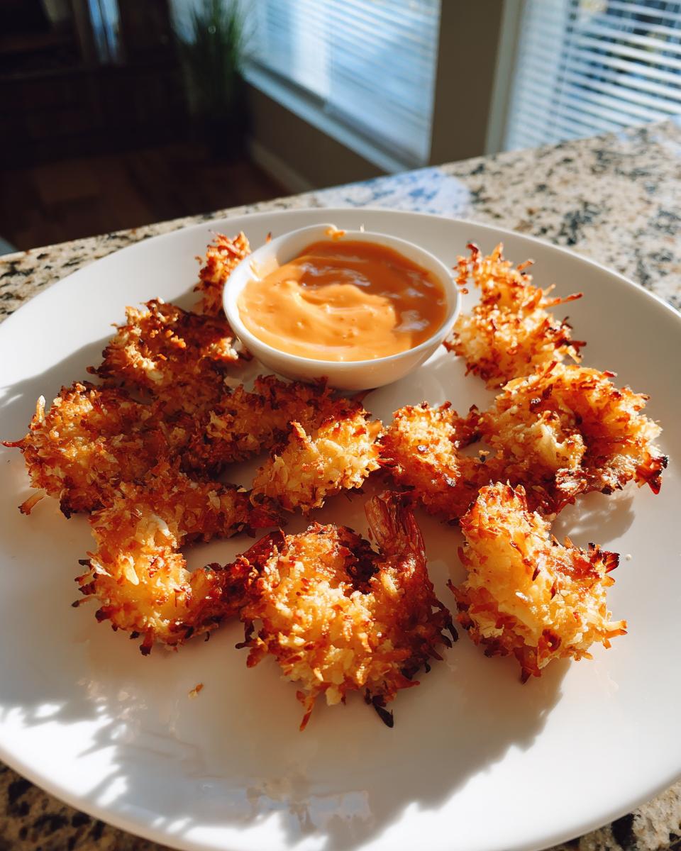 A plate of perfectly crispy, golden brown coconut shrimp served with a small bowl of orange dipping sauce.