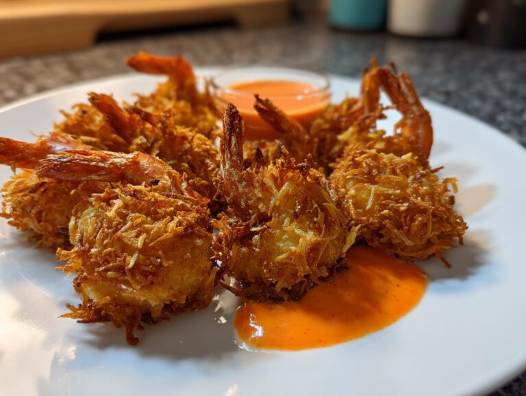 A plate of perfectly fried, golden brown coconut shrimp served with a small dish of orange dipping sauce.