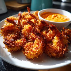 A plate piled high with crispy, golden-brown coconut shrimp served with a side of orange dipping sauce.