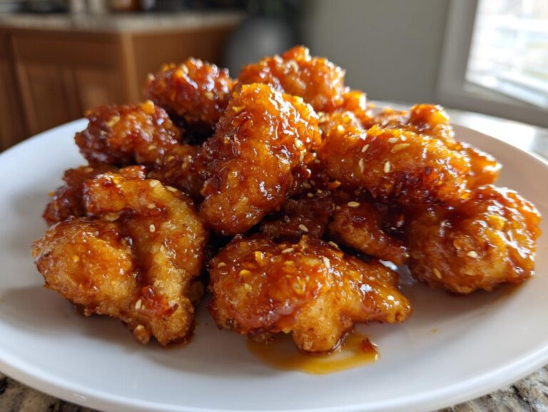 Close-up of crispy, glazed pieces of orange chicken recipe piled on a white plate, sprinkled with sesame seeds.