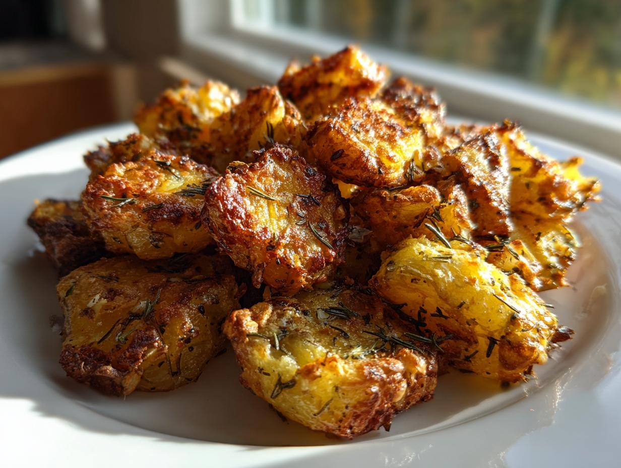 A pile of golden brown, crispy oven roasted potatoes seasoned with rosemary on a white plate.