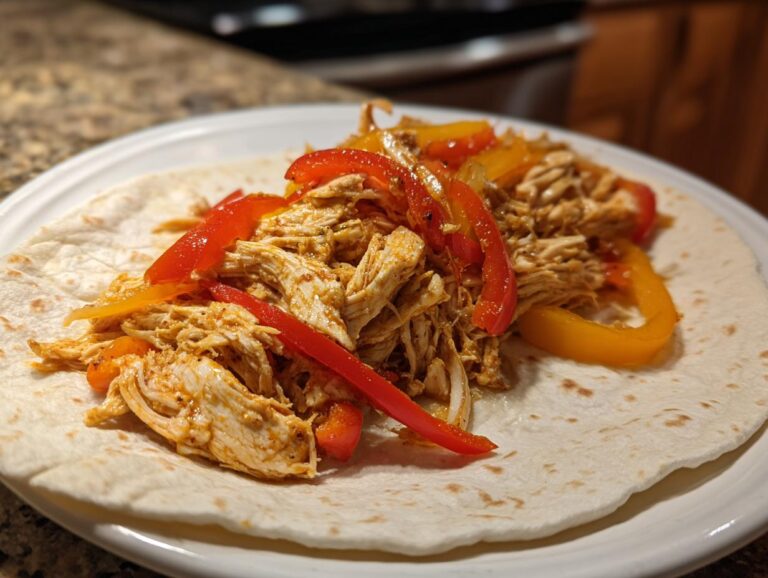 Close-up of shredded chicken and colorful bell peppers ready to be folded into a tortilla for crockpot chicken fajitas.