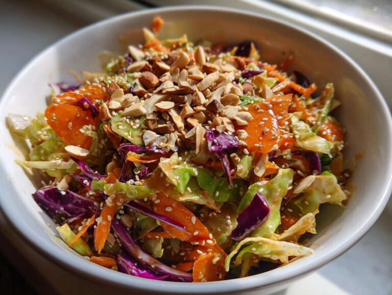 Close-up of a vibrant cabbage salad featuring shredded green and purple cabbage, carrots, and topped generously with sliced almonds and sesame seeds.