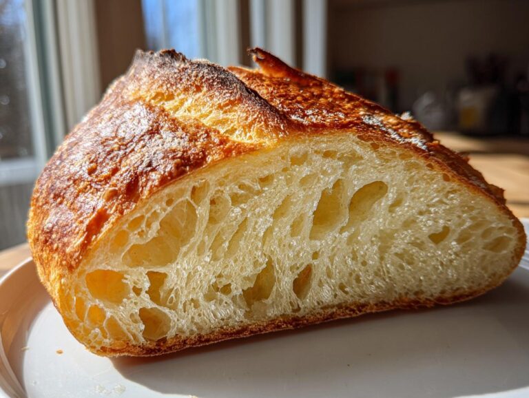 Close-up of the open crumb structure of a crusty italian bread loaf, showing large air pockets.