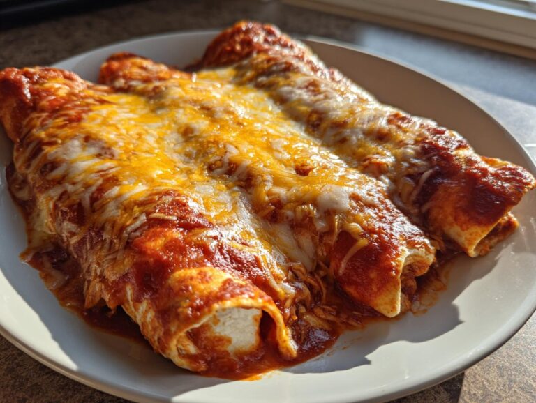 Three delicious easy chicken enchiladas smothered in red sauce and melted cheddar and Monterey Jack cheese.
