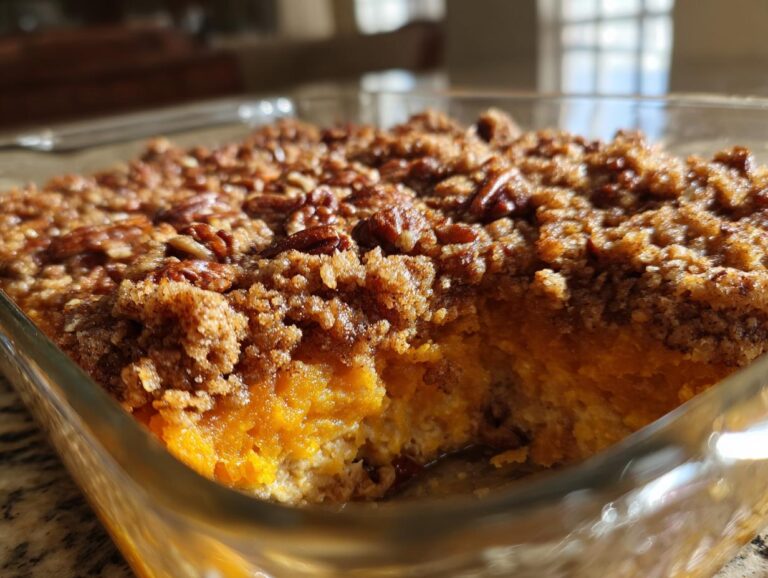 A close-up view of an easy sweet potato casserole in a glass dish, featuring a thick, crunchy pecan streusel topping over the bright orange filling.