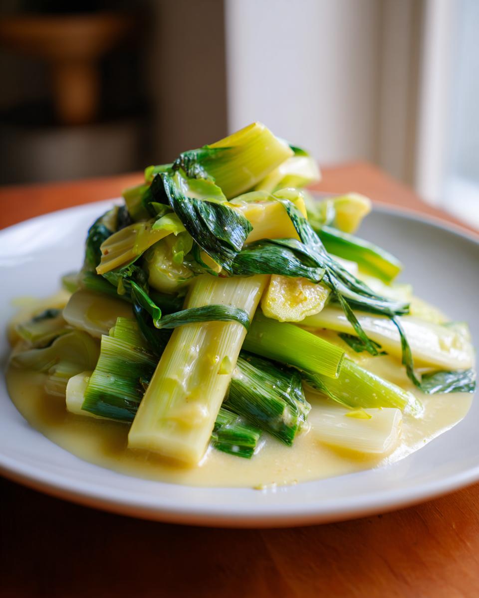 A close-up of tender braised leeks served on a white plate with a rich, creamy sauce.