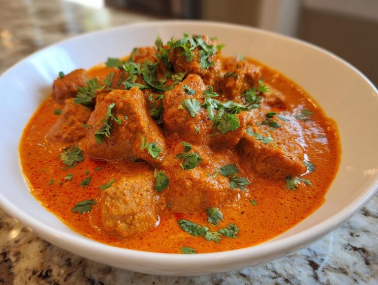 Close-up of rich, orange-red butter chicken pieces generously garnished with fresh cilantro.