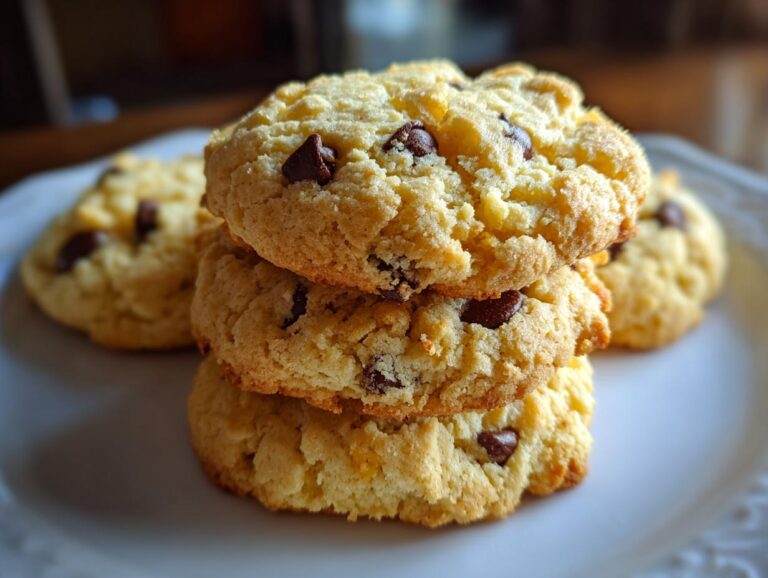 A close-up stack of three golden-brown cannoli cookies filled with chocolate chips resting on a white plate.