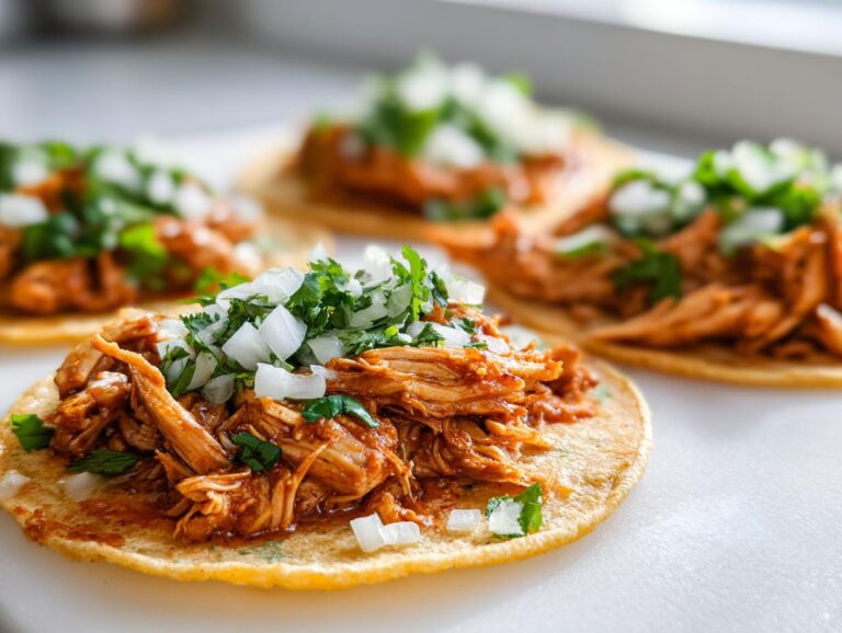 A close-up, mouthwatering shot of freshly made chicken tacos topped with diced white onion and cilantro.