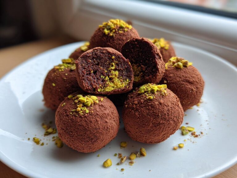 A stack of rich, cocoa-dusted dubai chocolate balls topped with chopped pistachios, one cut open to show the dark interior.