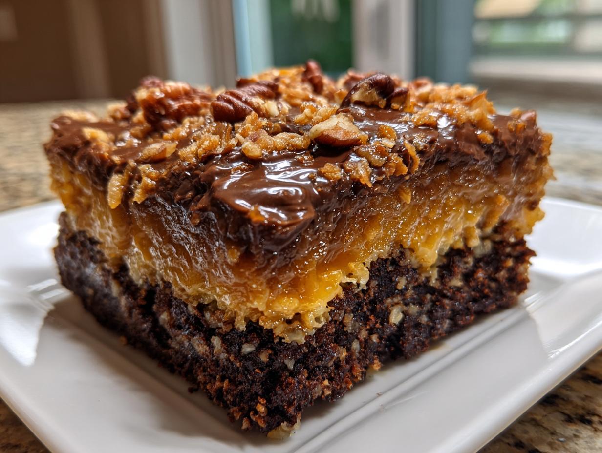Close-up of a rich slice of german chocolate poke cake showing the dark chocolate base, gooey caramel layer, and pecan topping.