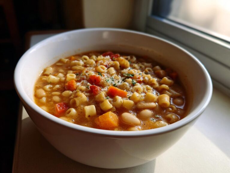 Close-up of a white bowl filled with rich, hearty pasta fagioli soup featuring small pasta, white beans, and diced carrots.