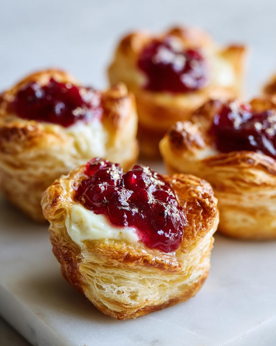Close-up of a flaky pastry cup filled with melted brie and topped with bright red jam, showcasing delicious brie bites.