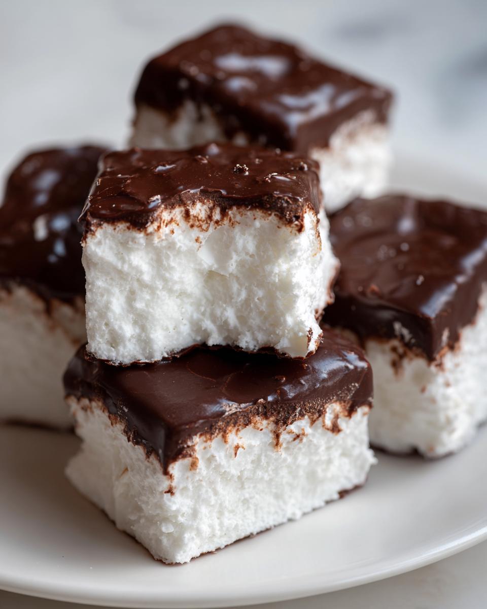 Close-up of fluffy white cool whip candy squares topped with rich, dark chocolate ganache.