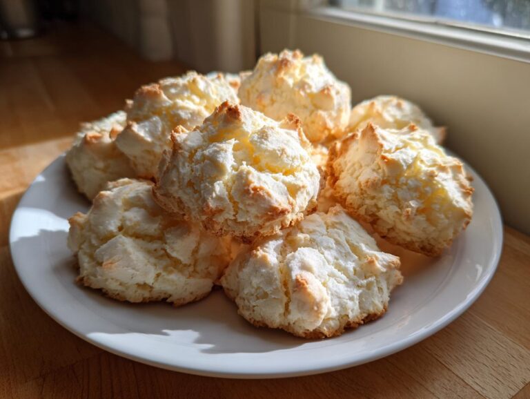 A white plate piled high with freshly baked, fluffy Cool Whip cookies, catching bright sunlight near a window.