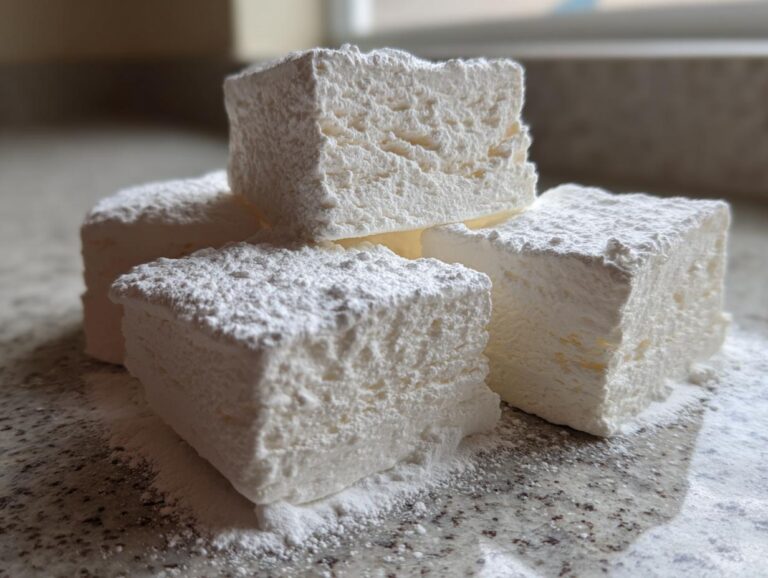 A close-up of four fluffy, square homemade marshmallows heavily dusted with white powdered sugar on a granite countertop.