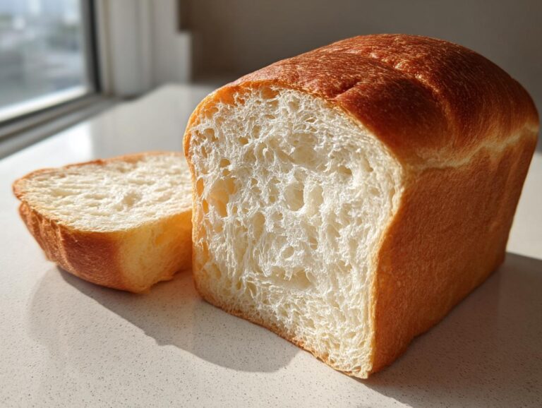 A freshly baked loaf of soft milk bread, cut to show the white, airy crumb texture, next to one slice.