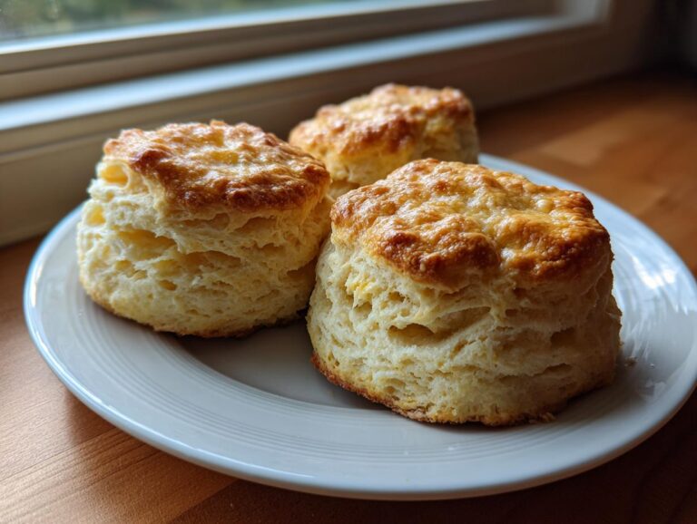Three tall, fluffy scones with golden, buttery tops resting on a white plate near a window.