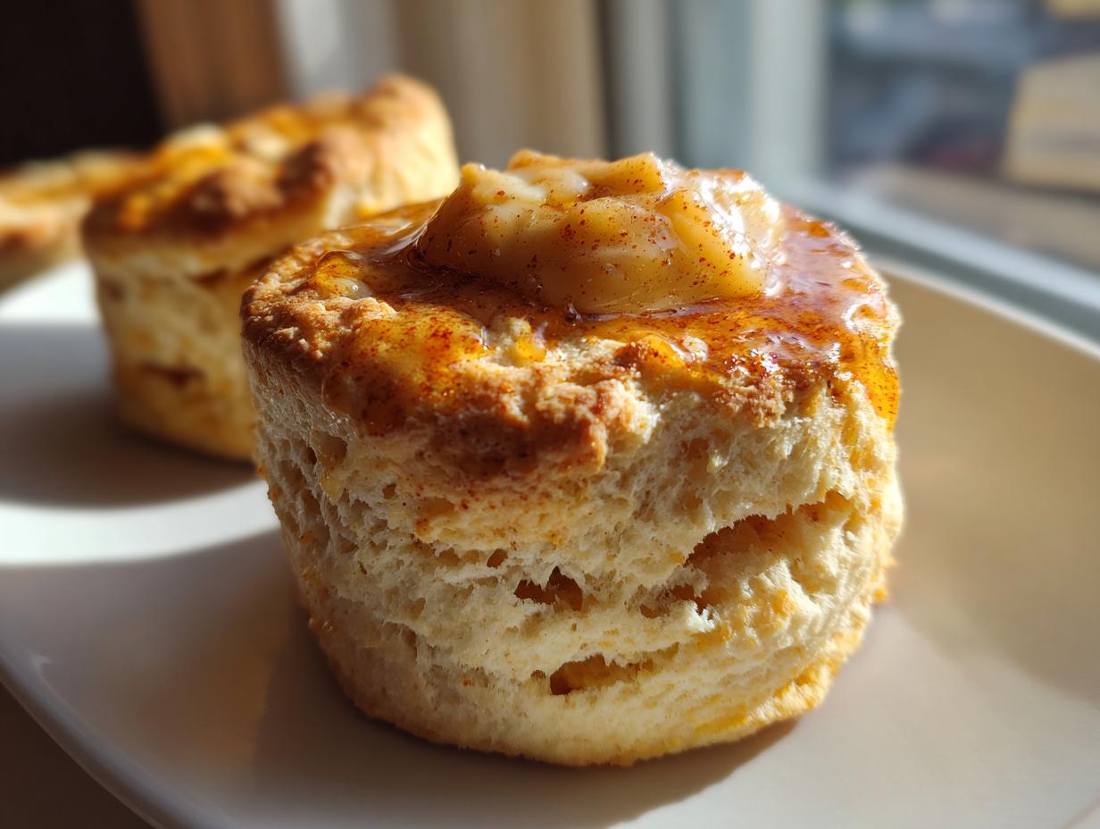 Close-up of a fluffy sweet potato biscuits topped with melting butter and a drizzle of honey or syrup, sprinkled with cinnamon.