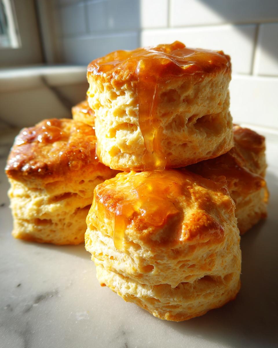 Close-up of fluffy sweet potato biscuits stacked and drizzled with a shiny orange glaze.