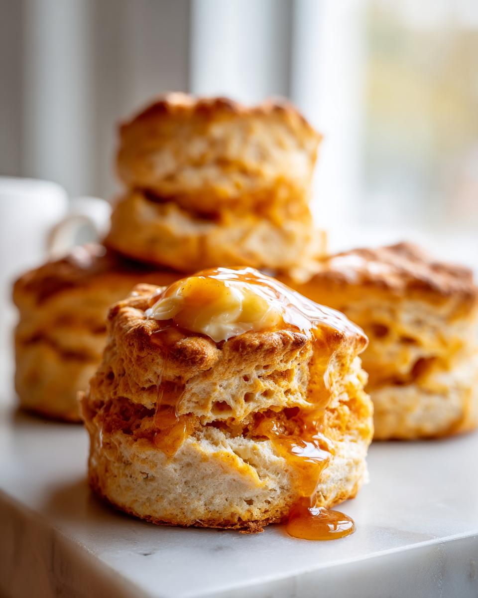Close-up of a fluffy sweet potato biscuit topped with melting butter and dripping honey.
