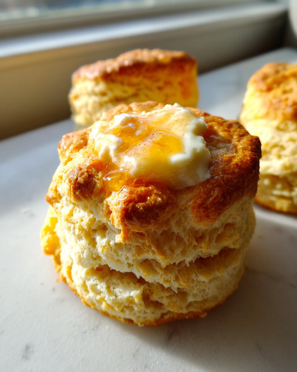 Close-up of a tall, fluffy sweet potato biscuits topped with melting butter and drizzled honey.