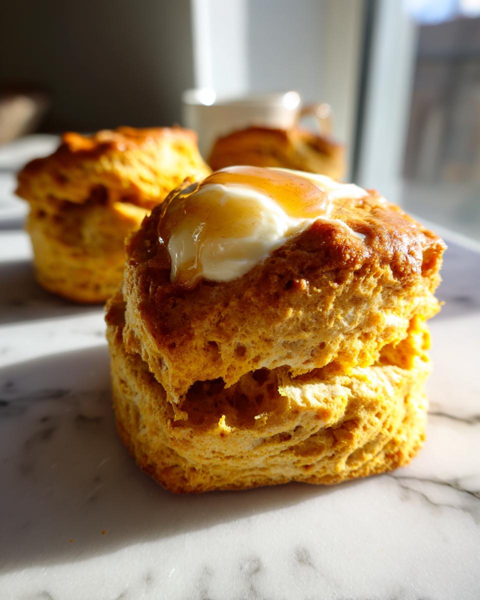 Close-up of a fluffy, golden sweet potato biscuits topped with cream and drizzled with honey.