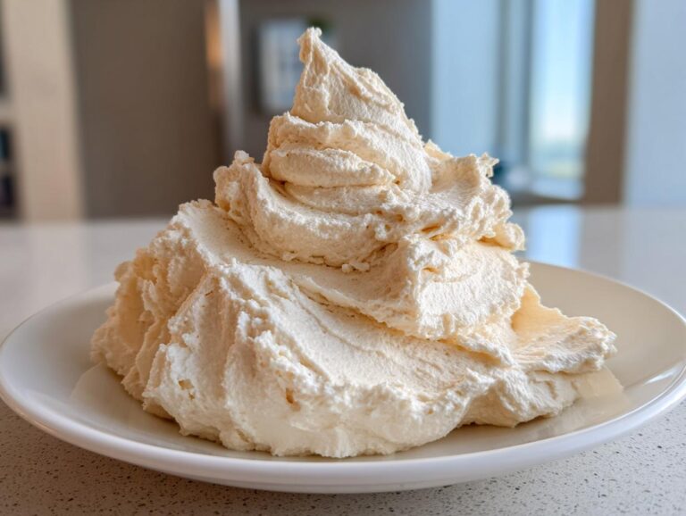 A large, fluffy mound of light beige vanilla buttercream frosting piped onto a white plate.