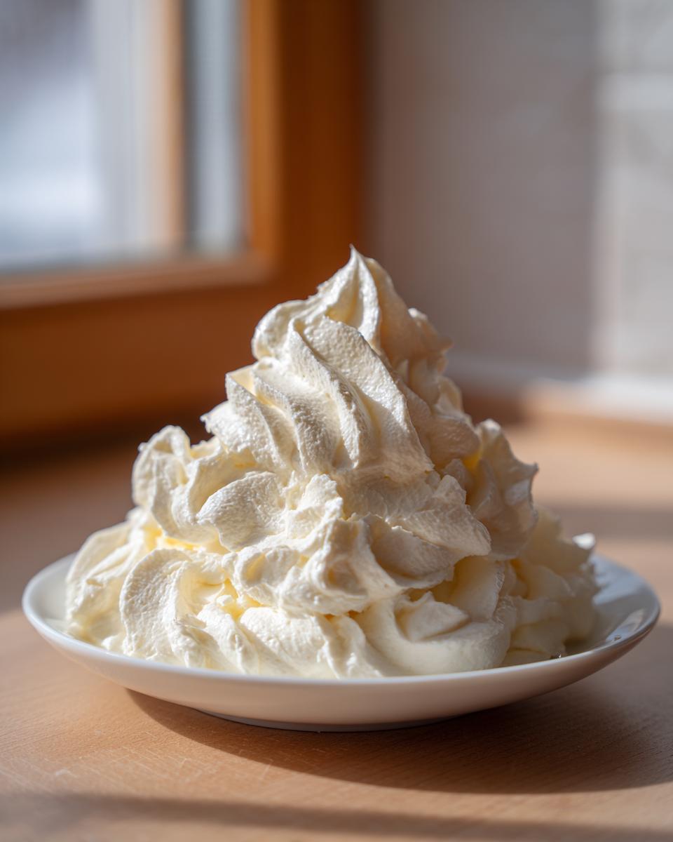 A generous mound of perfectly piped, bright white vanilla buttercream frosting sitting on a small white plate.