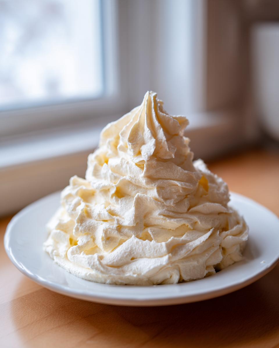 A tall mound of perfectly piped, creamy vanilla buttercream frosting sitting on a white plate.