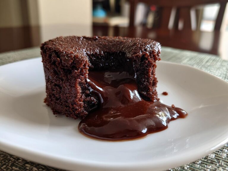 Close-up of a rich, dark chocolate lava cake cut open, showing the gooey, molten center flowing onto a white plate.