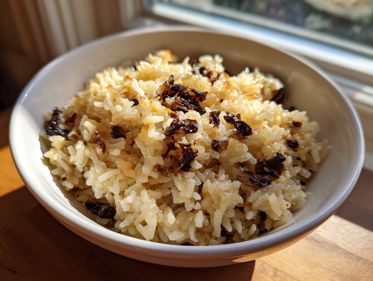 A close-up of fluffy French onion butter rice topped with dark, caramelized onions served in a white bowl.