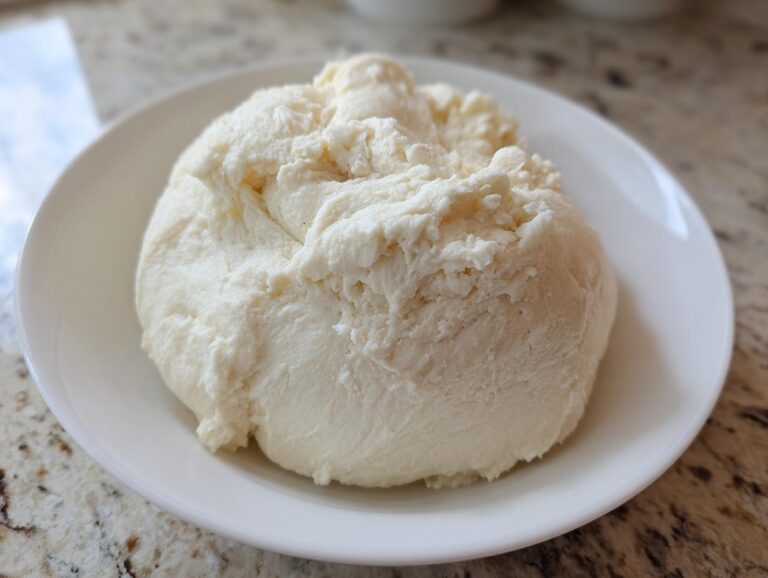 A mound of freshly prepared, smooth white fufu dough served on a simple white plate.