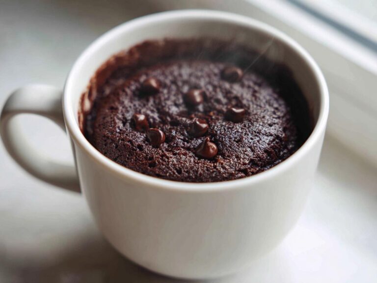 Close-up of a steaming, fudgy chocolate mug cake topped with chocolate chips.