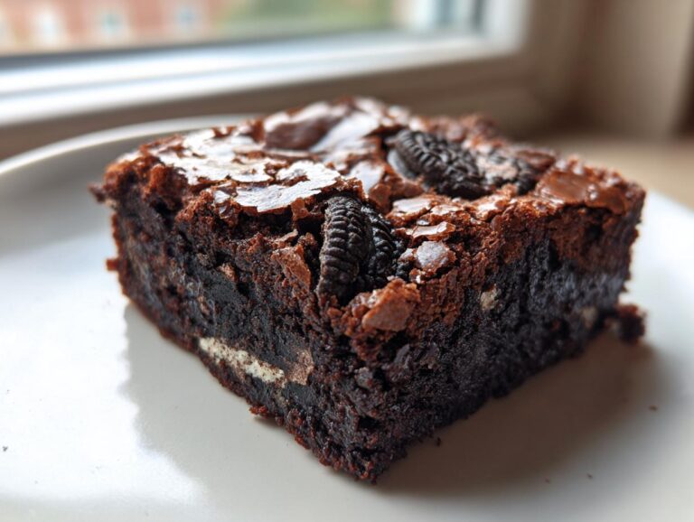 A close-up of a rich, fudgy square of Oreo brownies showing a crinkly top and embedded cookie pieces.