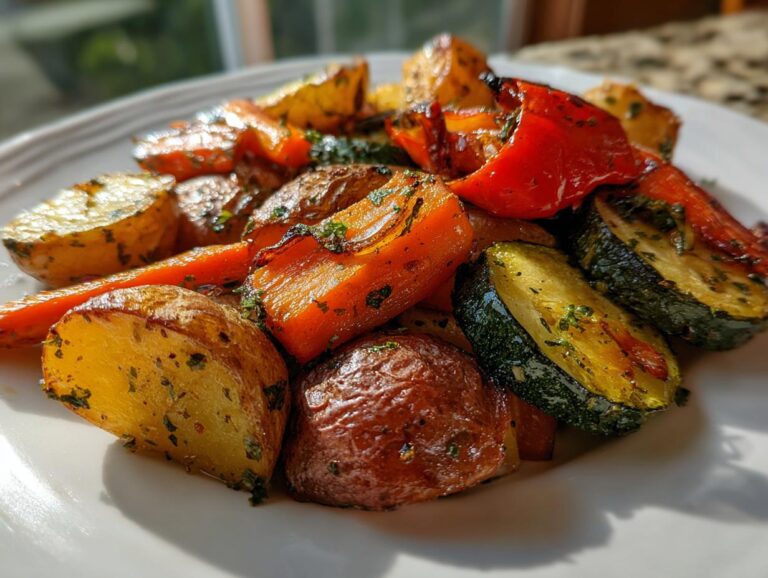 A close-up of perfectly roasted potatoes, carrots, zucchini, and red pepper seasoned with Garlic Herb Roasted Veggies mix.