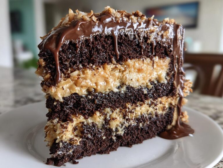 A decadent slice of German chocolate cake showing three layers of dark chocolate cake separated by thick coconut-pecan filling.