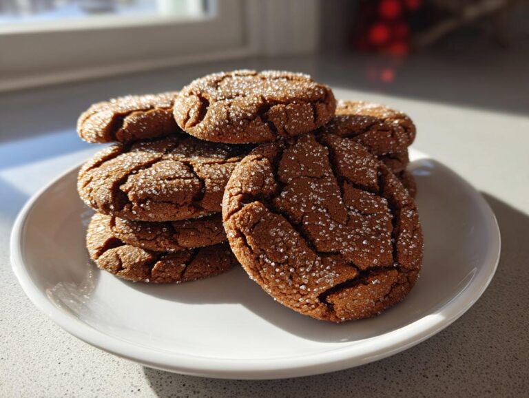 A stack of rich, dark brown ginger molasses cookies coated in coarse sugar, resting on a white plate.