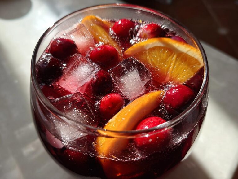 Close-up of a glass filled with vibrant red holiday sangria, ice cubes, orange slices, and whole cranberries.