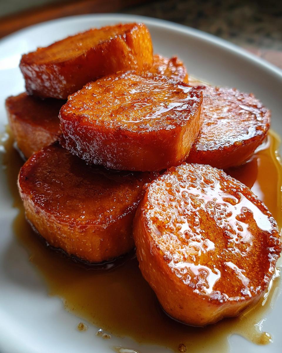 A close-up of thick-cut candied sweet potatoes stacked on a white plate, glistening with a rich, syrupy glaze.