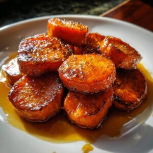 A close-up of perfectly glazed candied sweet potatoes stacked on a white plate, glistening with syrup.