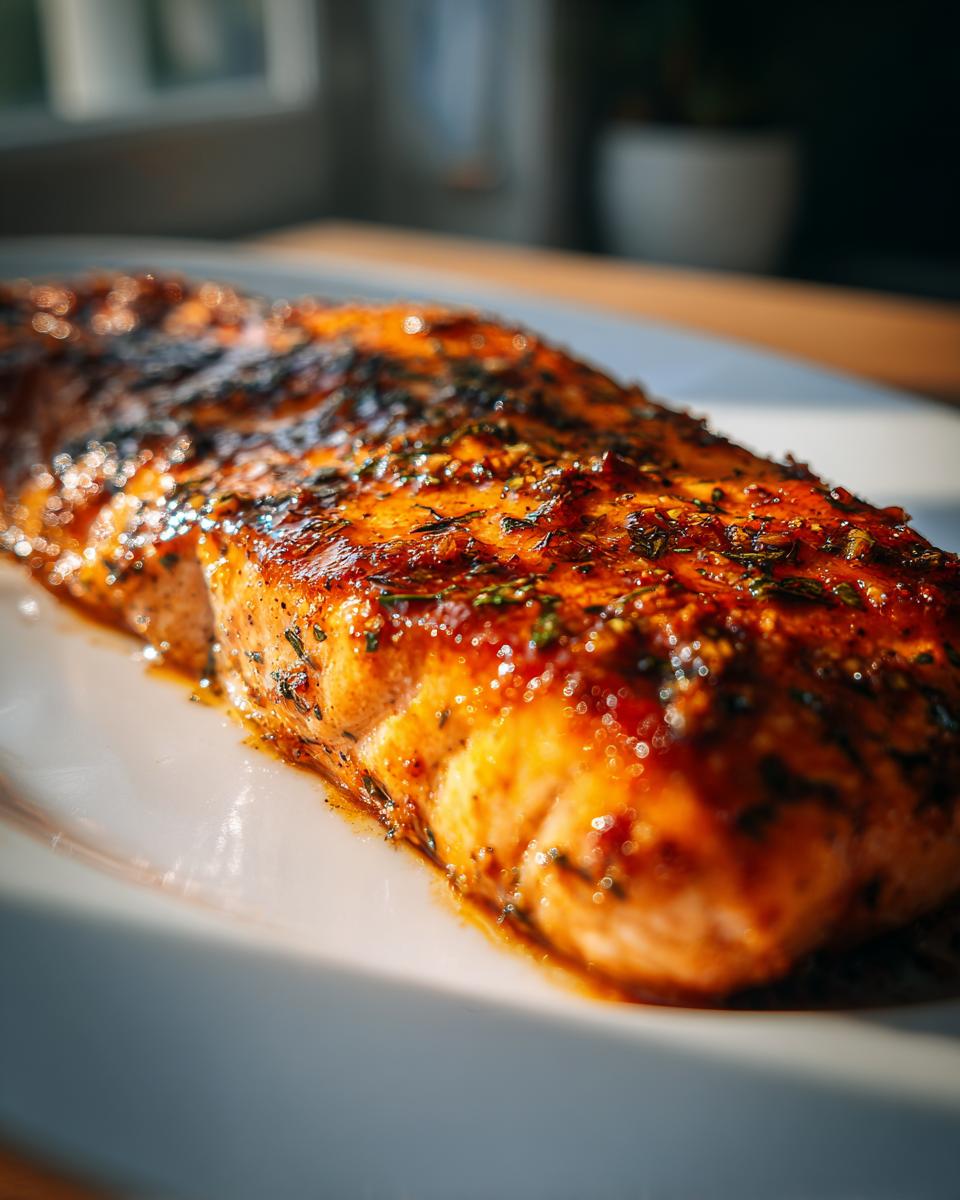 A close-up, appetizing shot of a perfectly cooked, glazed salmon fillet seasoned with herbs, ready for the baked salmon recipe.