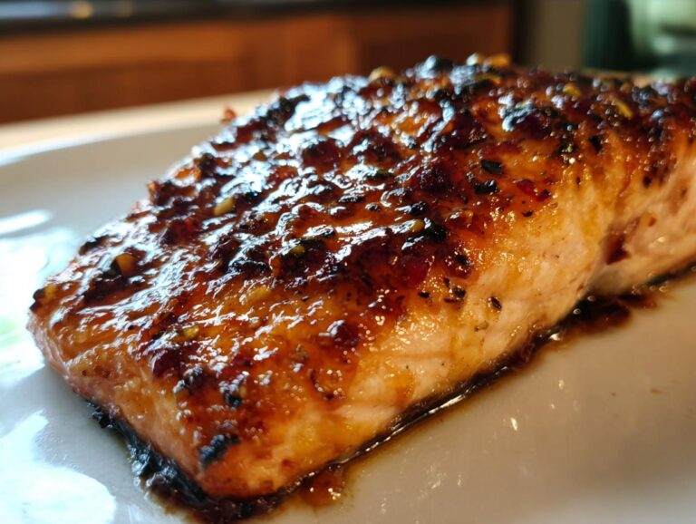 Close-up of a perfectly cooked, glazed salmon fillet from the baked salmon recipe, showing a shiny, caramelized topping.