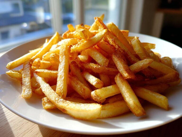 A generous pile of perfectly golden and crispy air fryer french fries served on a white plate near a window.