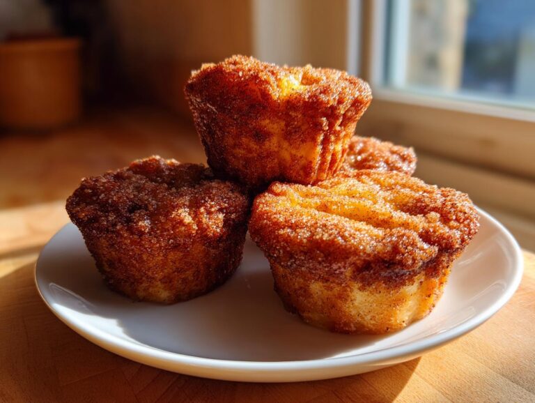 Three golden brown french toast muffins coated in cinnamon sugar piled on a small white plate.